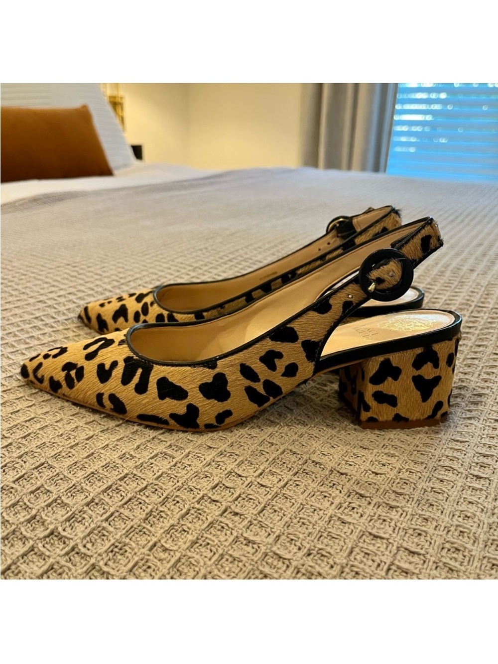 Vince Camuto Leopard Print Slingback Block Heel Pumps - Tan/Black